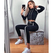 Load image into Gallery viewer, ZP 2019 Tracksuit 2pcs Women Set Hoodies Crop Top Sweatshirt+Side Stripe Pants Hooded 2 Pieces Sets Women Clothing Suits Female
