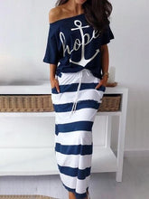 Load image into Gallery viewer, 2019 Summer Plus Size Elegant Vacation Leisure Two-pieces Suit Sets Ladies Boat Anchor Print T-Shirt &amp; Striped Maxi Skirt Sets
