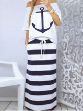 Load image into Gallery viewer, 2019 Summer Plus Size Elegant Vacation Leisure Two-pieces Suit Sets Ladies Boat Anchor Print T-Shirt &amp; Striped Maxi Skirt Sets
