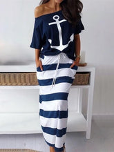 Load image into Gallery viewer, 2019 Summer Plus Size Elegant Vacation Leisure Two-pieces Suit Sets Ladies Boat Anchor Print T-Shirt &amp; Striped Maxi Skirt Sets
