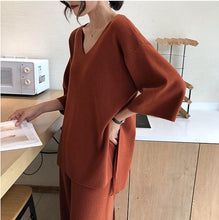 Load image into Gallery viewer, Knitting Female Sweater Pantsuit For Women Two Piece Set Knitted Pullover V-neck Long Sleeve Bandage Top Wide Leg Pants  Suit
