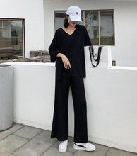 Load image into Gallery viewer, Knitting Female Sweater Pantsuit For Women Two Piece Set Knitted Pullover V-neck Long Sleeve Bandage Top Wide Leg Pants  Suit
