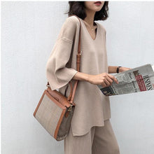 Load image into Gallery viewer, Knitting Female Sweater Pantsuit For Women Two Piece Set Knitted Pullover V-neck Long Sleeve Bandage Top Wide Leg Pants  Suit
