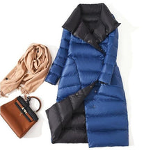 Load image into Gallery viewer, Fitaylor  Women Double Sided Down Long Jacket Winter Turtleneck White Duck Down Coat Double Breasted Warm Parkas Snow Outwear
