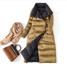 Load image into Gallery viewer, Fitaylor  Women Double Sided Down Long Jacket Winter Turtleneck White Duck Down Coat Double Breasted Warm Parkas Snow Outwear
