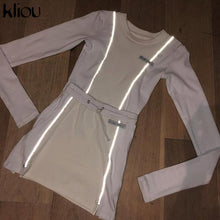 Load image into Gallery viewer, Kliou women fashion Reflective Striped patchwork two pieces set 2019 white full sleeve crop top bottom skirts outfit tracksuit
